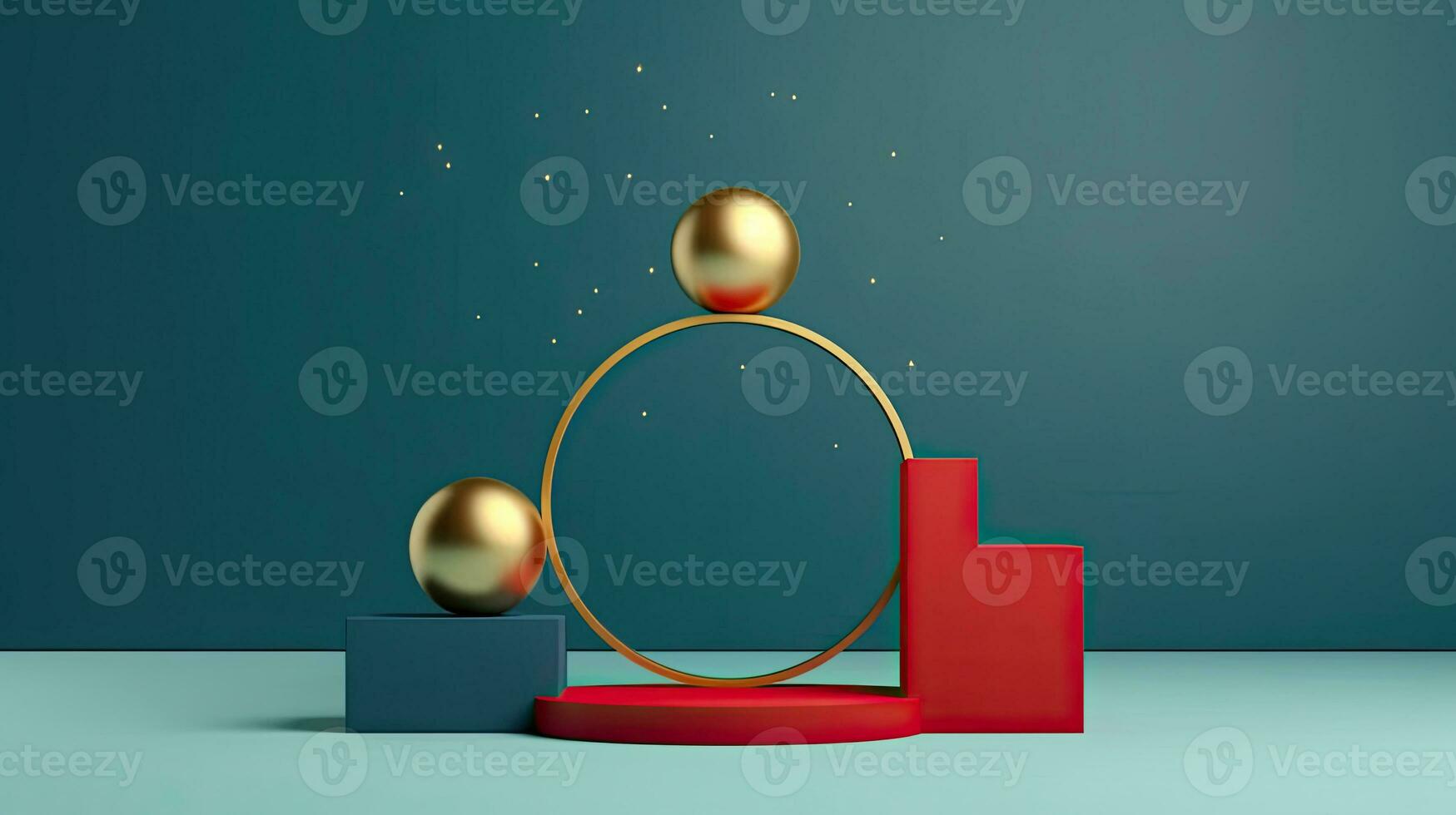 Stunning 3D Render of Blue Podium with Gold Arch Christmas Tree Decorations, AI Generated photo