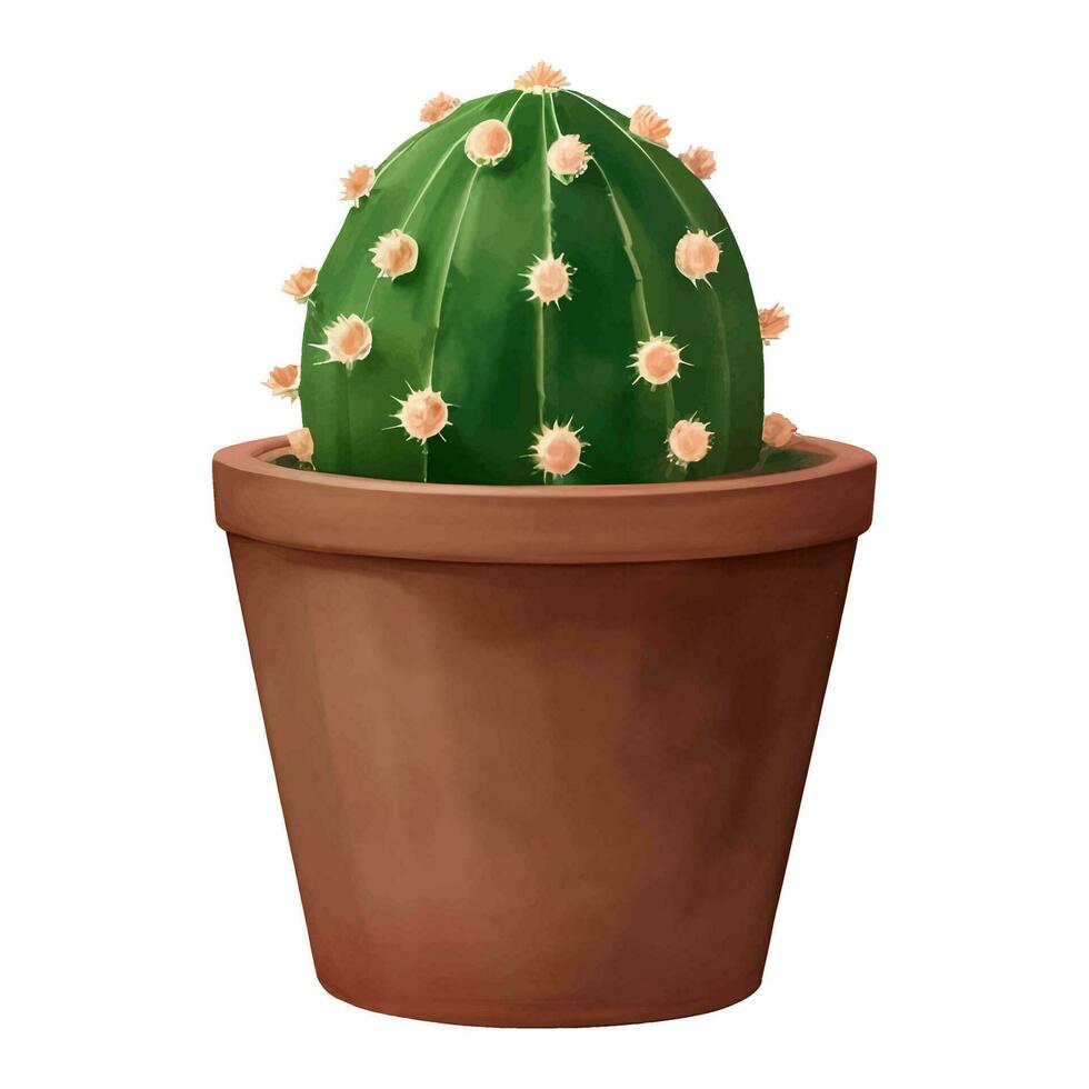 Round Cactus in a Plant Pot Isolated Detailed Hand Drawn Painting Illustration vector