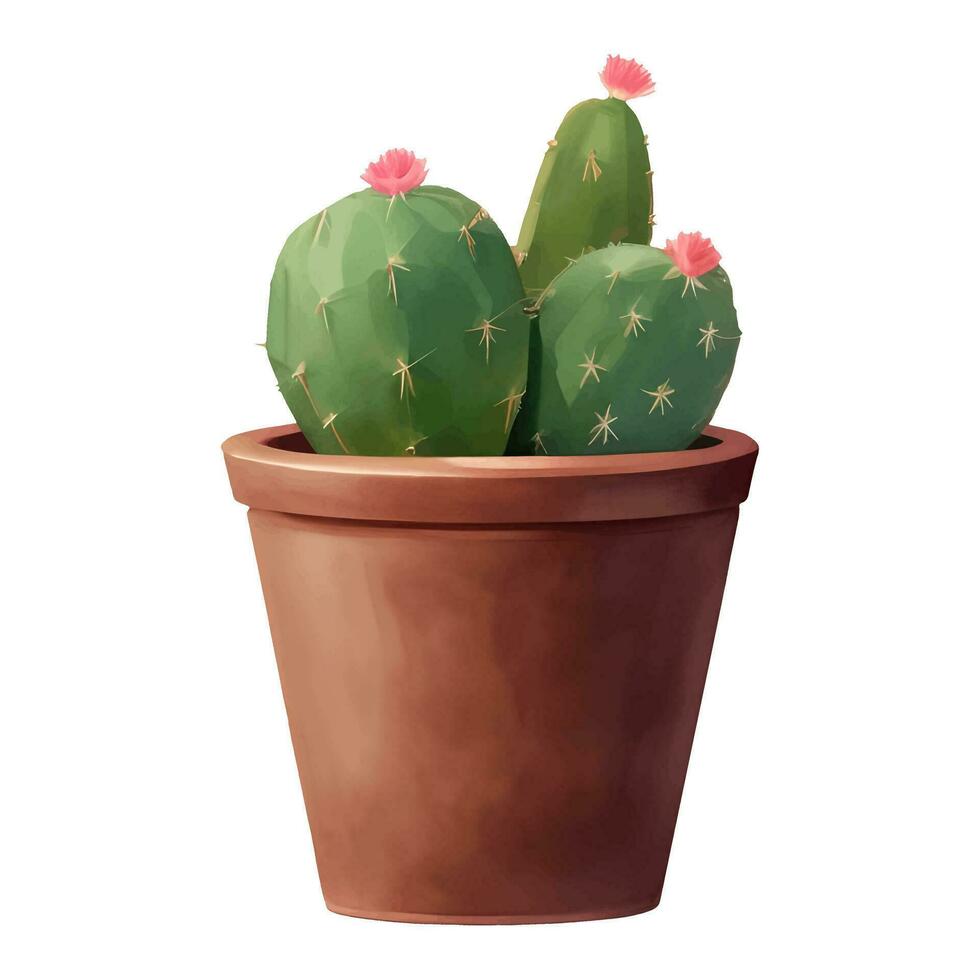 Cactus with Flowers in a Plant Pot Isolated Detailed Hand Drawn Painting Illustration vector