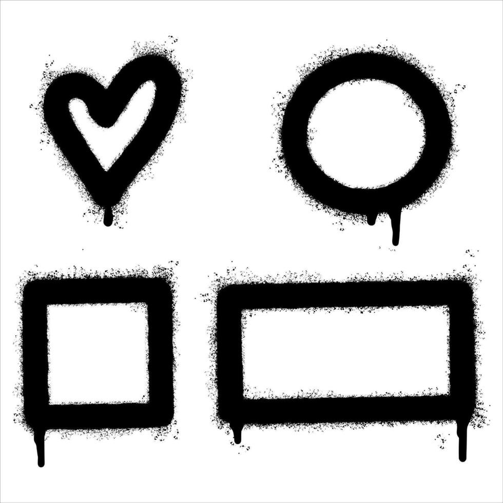 collection of Spray painted graffiti heart, circle, square and rectangle sign in black over white. Vector illustration.