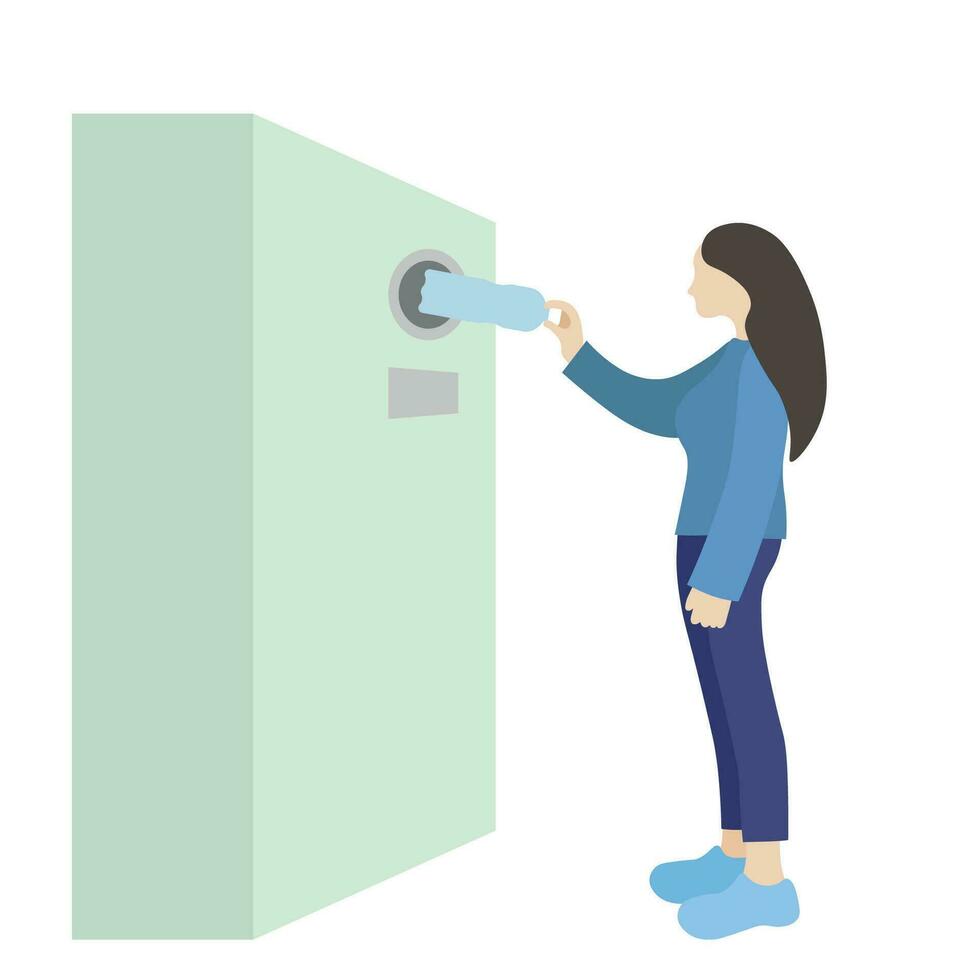 A girl throws a plastic bottle into a bottle recycling machine, in motion, flat vector, isolate on white, faceless illustration, ecology vector