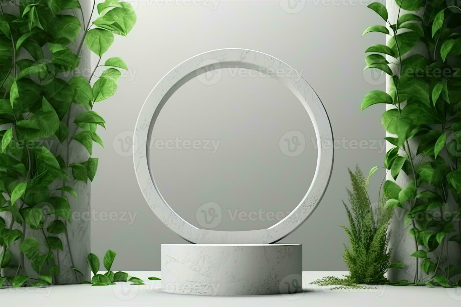 A white round podium with a plant in it and a white vase with a green plant in it photo