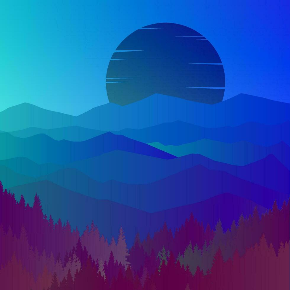 Night View of dark Moon mountain with forest Trees vector