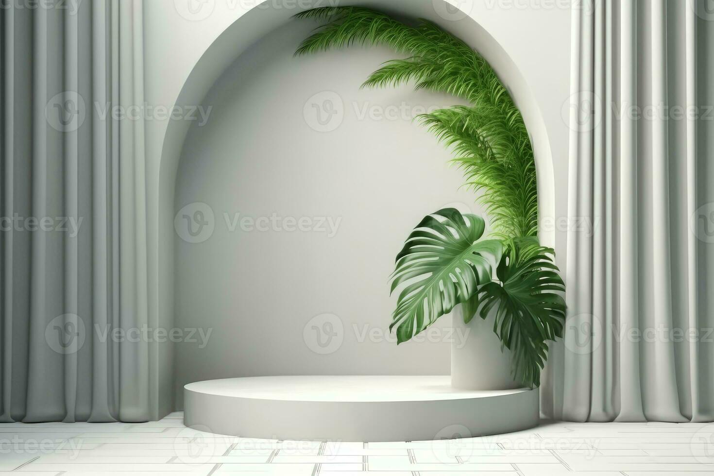 A white round podium with a plant in it and a white vase with a green plant in it photo