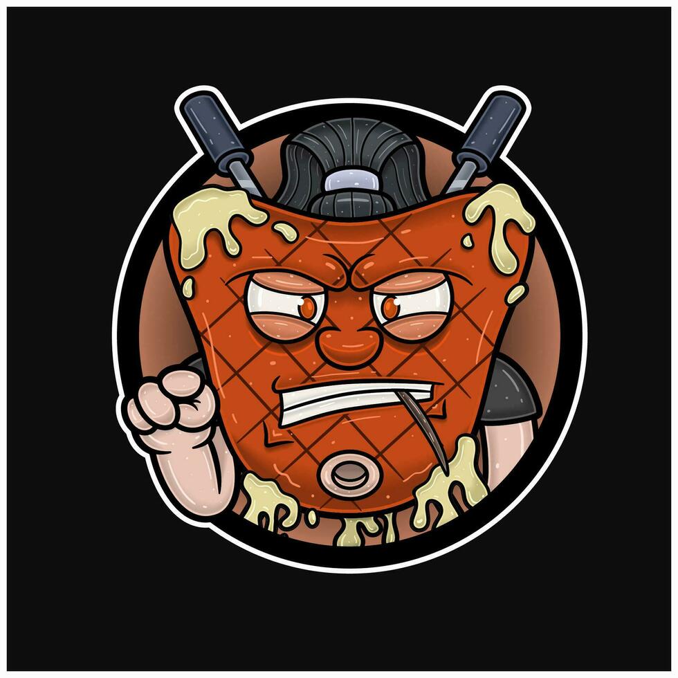mascota dibujos animados de carne filete con dos tenedores y enojado rostro. circulo logo. vector