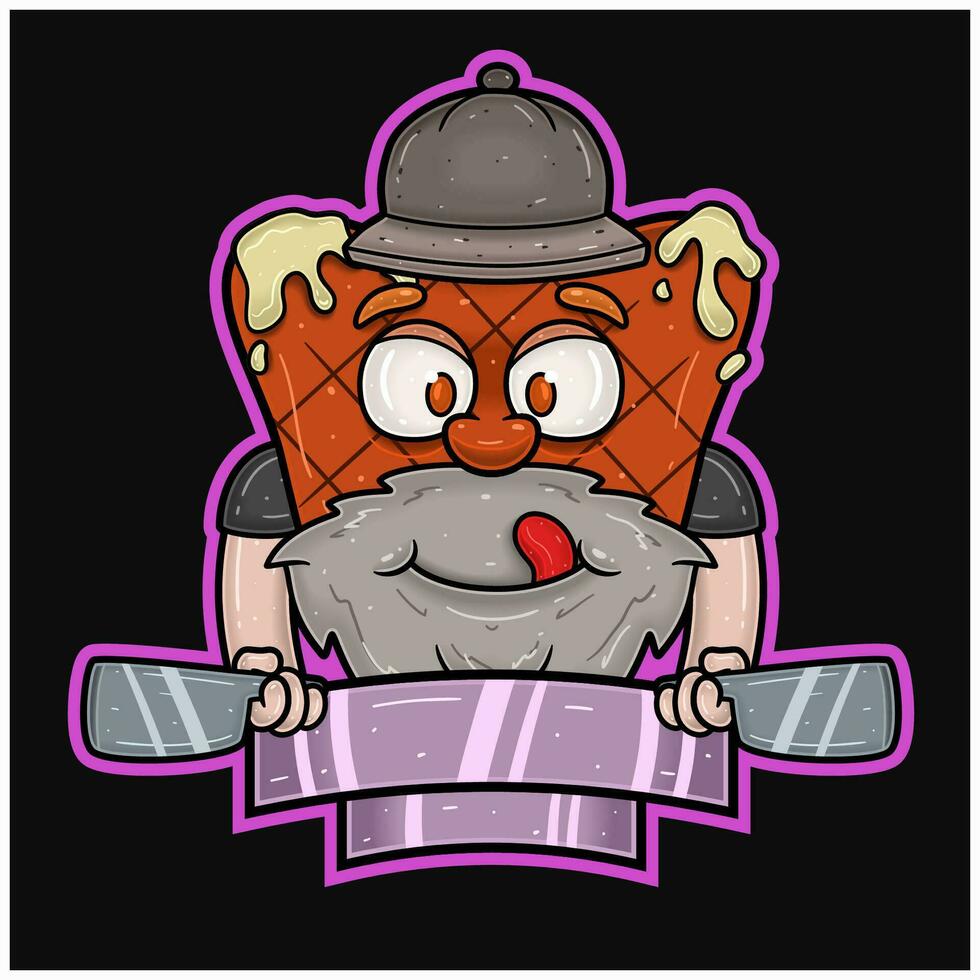 Mascot Cartoon of Meat Steak With Two Knife. Blank Sign. vector