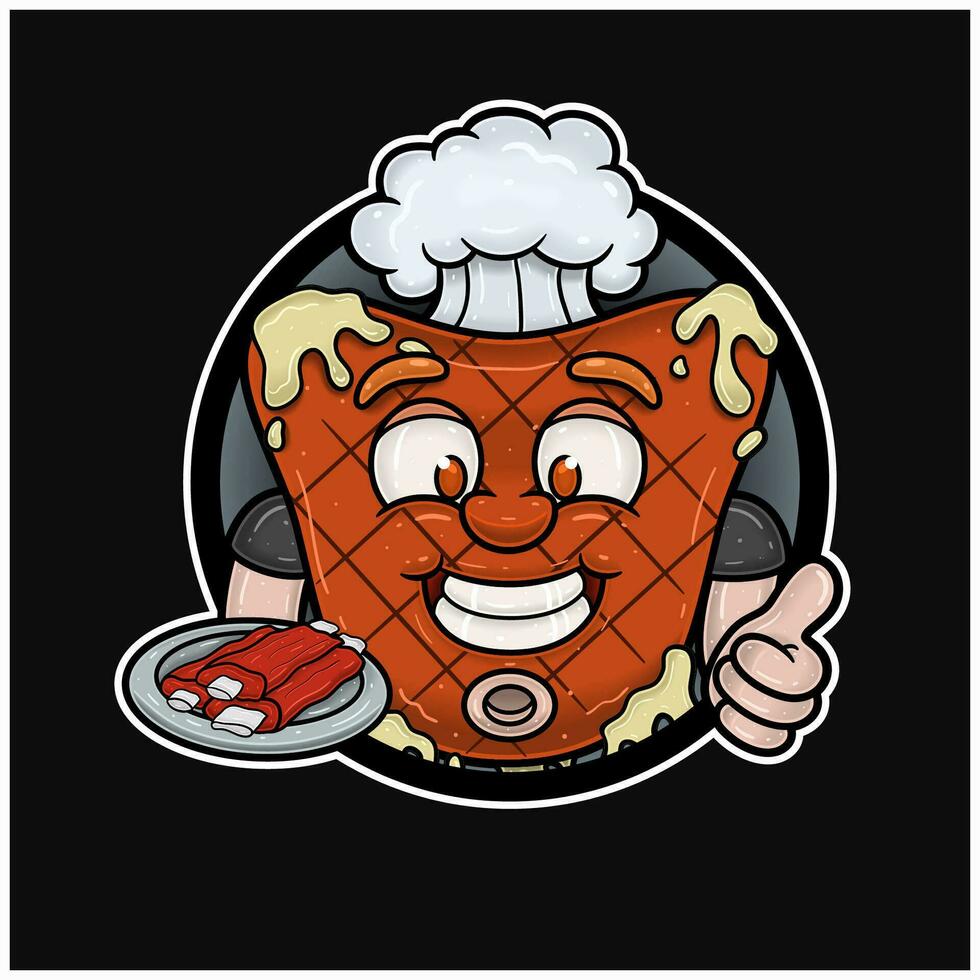 mascota dibujos animados de carne filete con carne en plato y contento rostro. con circulo logo. para alimento, carne, parrilla y carne de vaca logo. vector