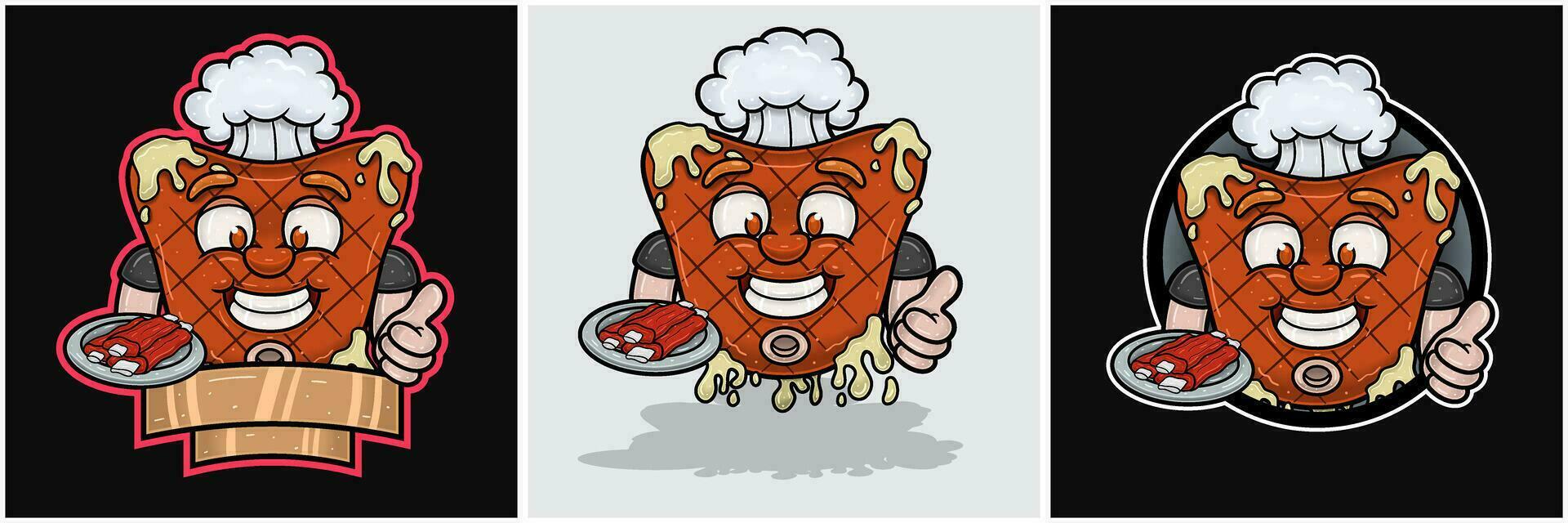 Set Of Beef Steak Mascot Cartoon With Meat In Plate And Happy Face. For Food, Meat, Barbeque and Beef Logo. vector