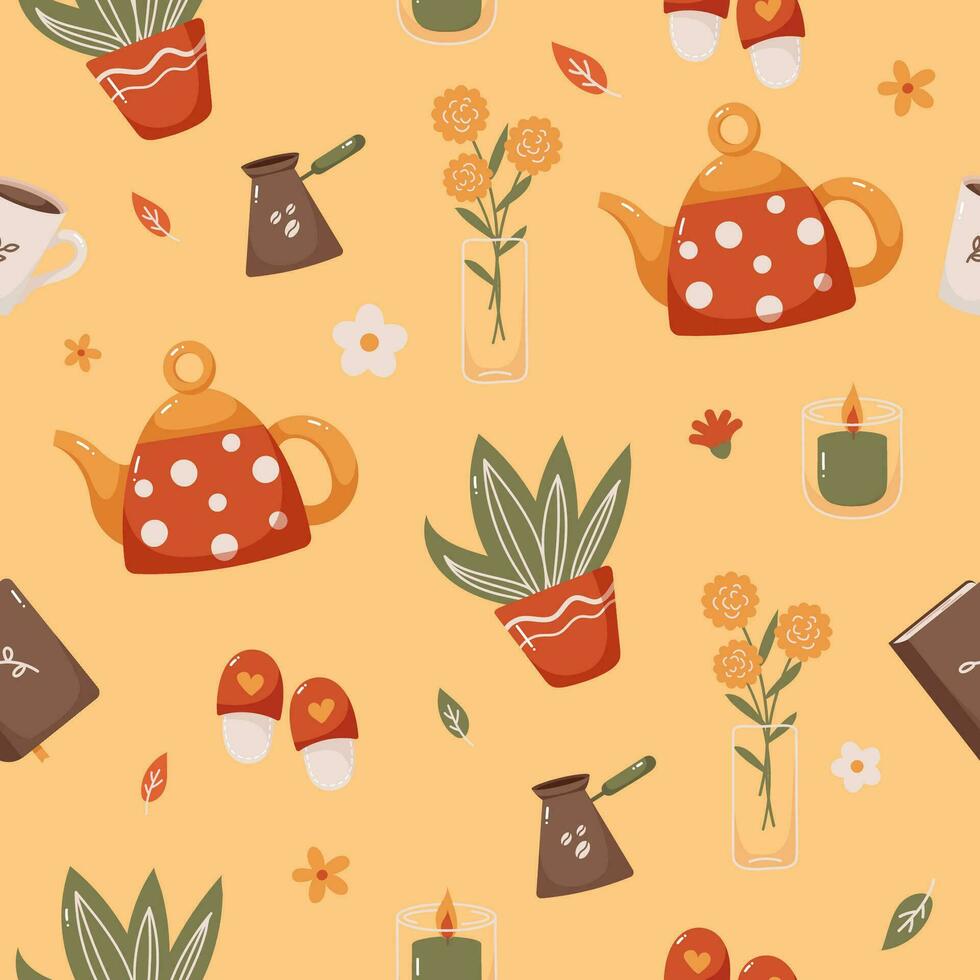 Autumn seamless pattern in orange tones, cozy objects. Seamless pattern. Vector. vector