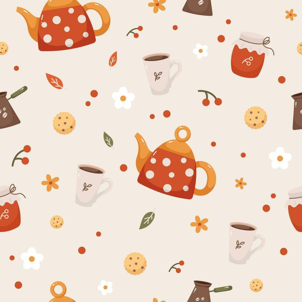 Cozy autumn style seamless pattern. Warm drink, cookies, coffee, kettle, Turk, jam. Autumn wallpaper on a beige background vector