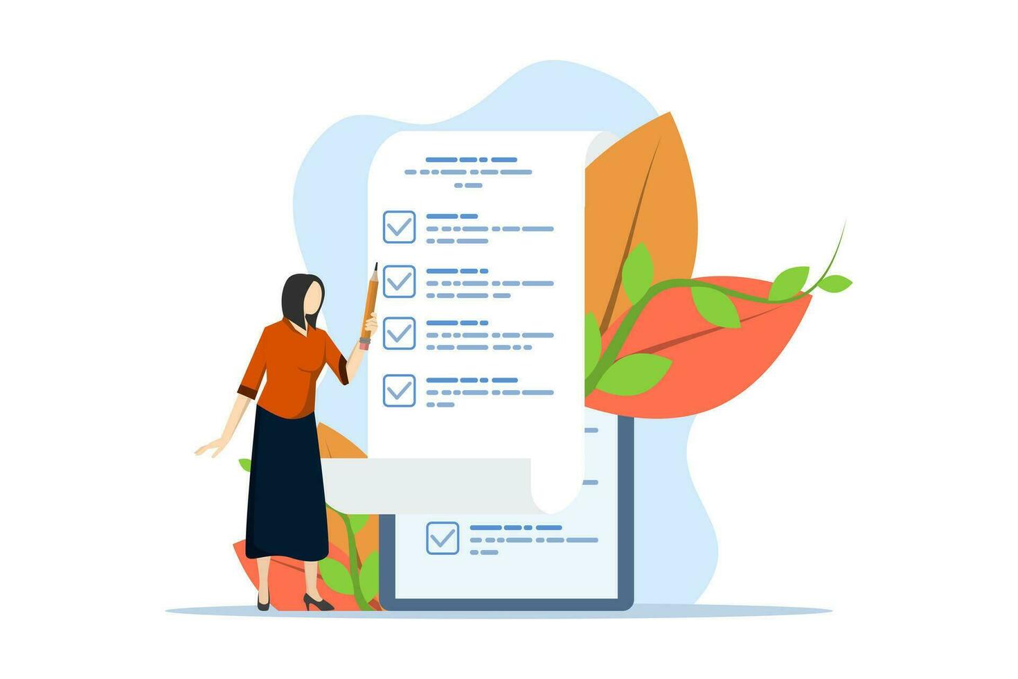 woman with Pen pencil fill check box form. completing work assignments with check mark. managers mark documents, take online exams. job inspection documents. flat vector illustration.