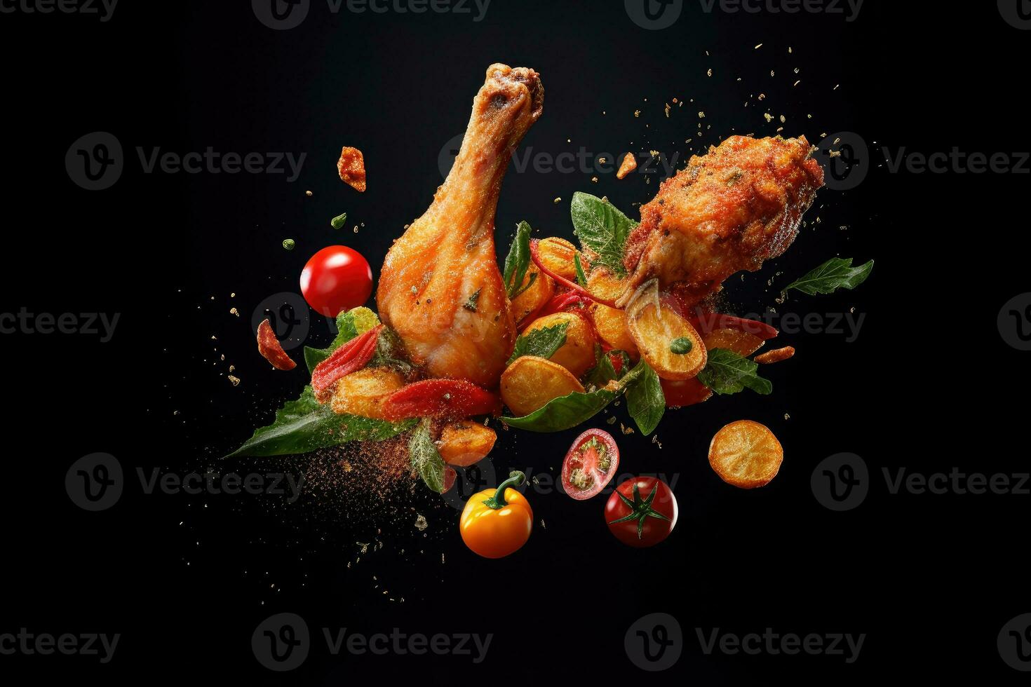 Flying elements of fried chicken with tomatoes and parsley, Generative AI photo