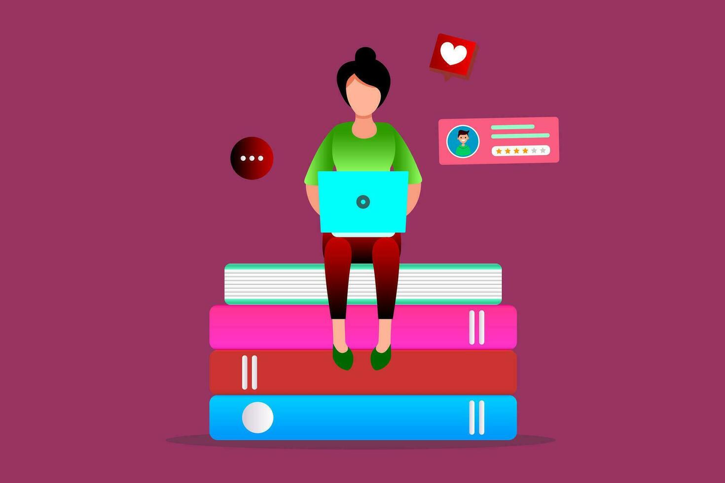 Young woman sitting on books with laptop. Concept of online education and learning. vector