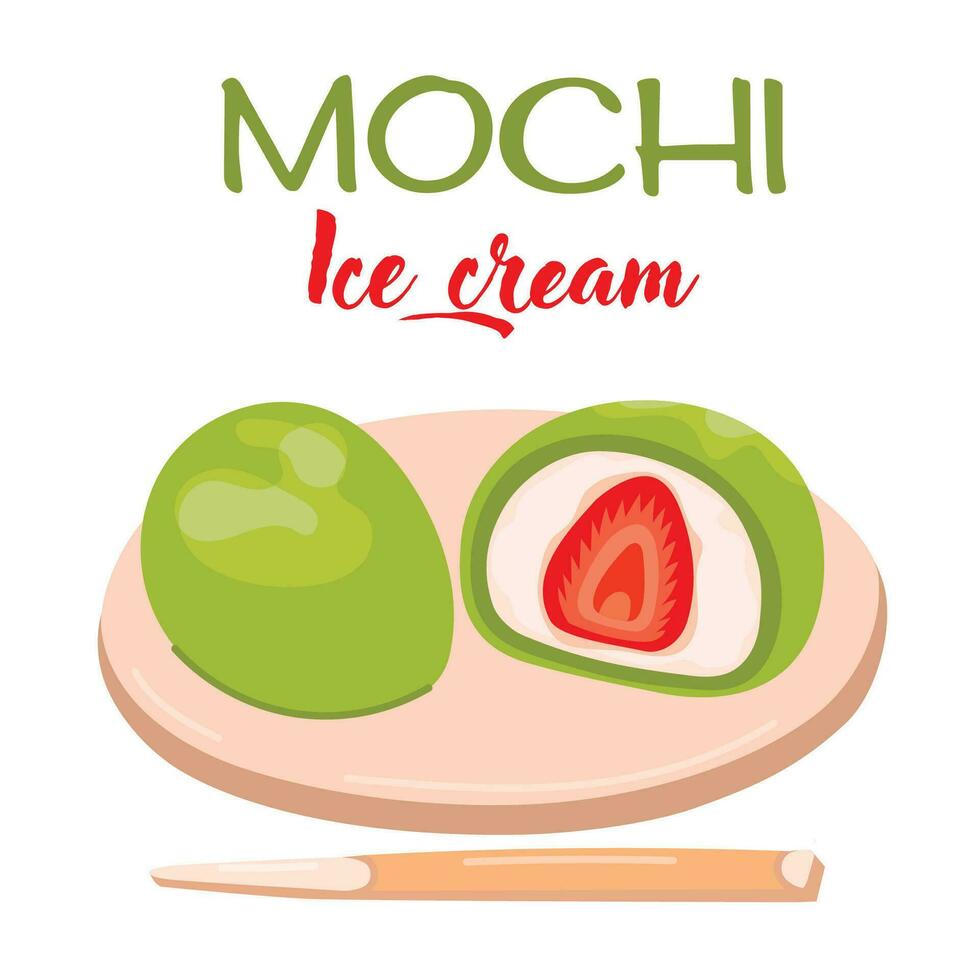 Mochi. Asian sweet food. Japanese ice cream Mochi in rice dough. Green mochi with strawberries. Rice fruit dessert on wood plate. Vector flat illustration