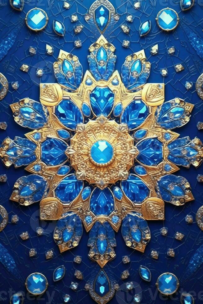 un azul fantasía tarjeta con un dorado floral elementos, generativo ai foto