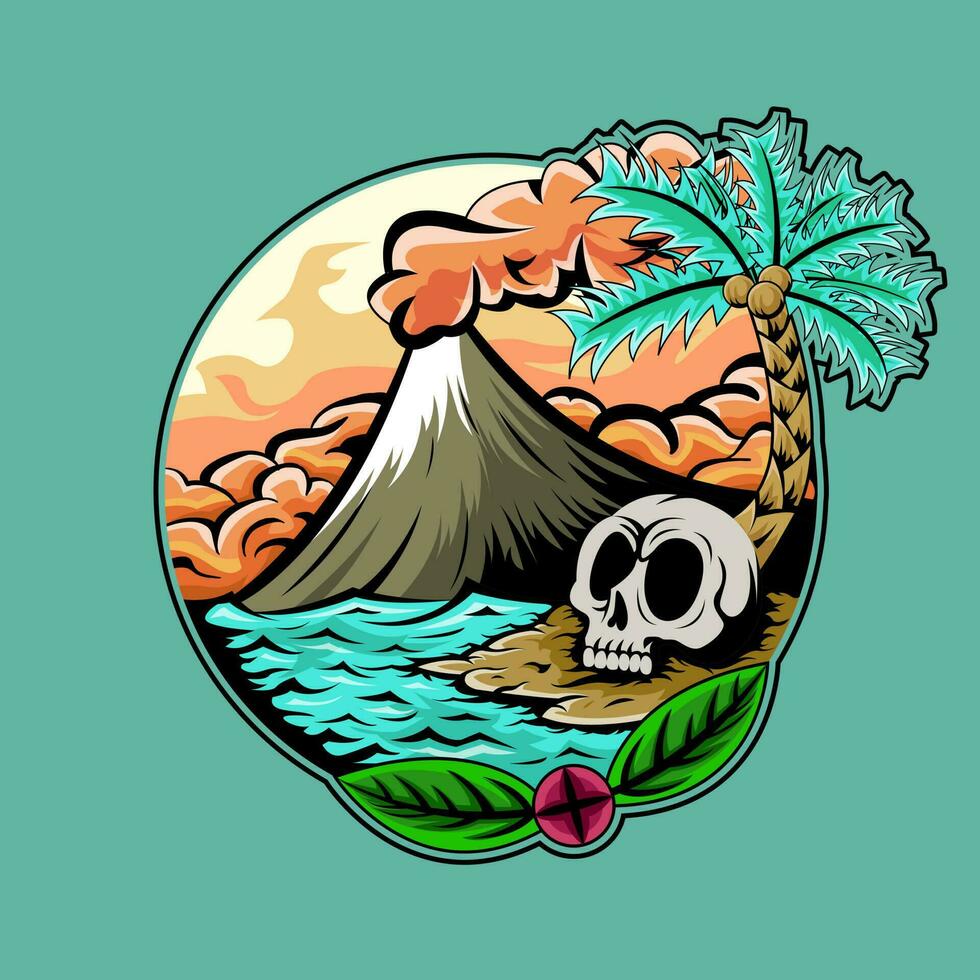 skull beach in middle of the sea cartoon drawing illustration vector