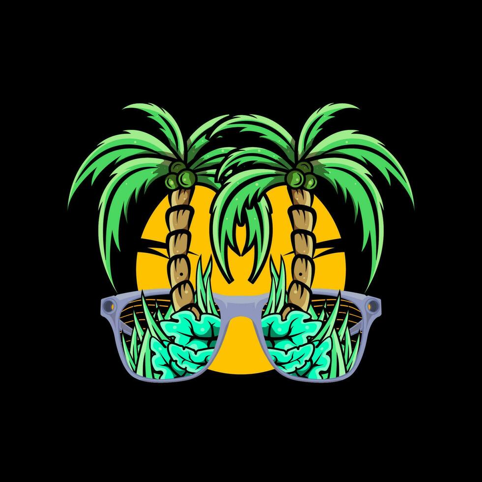glasses with coconut tree cartoon design illustration vector