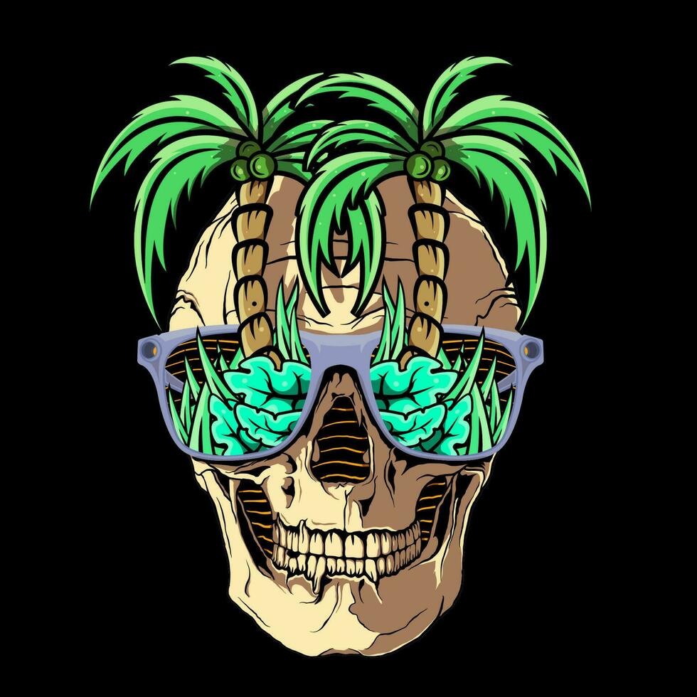 skull with glasses and coconut trees cartoon illustration vector