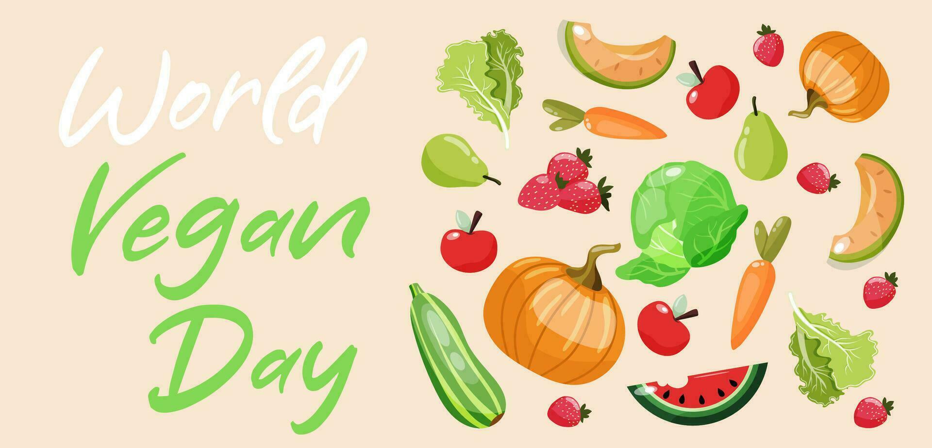 mundo vegano día bandera con vistoso frutas y vegetales. vector