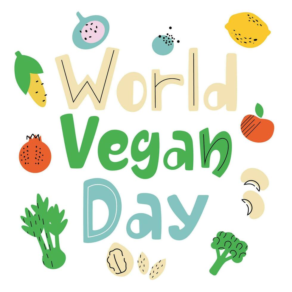 sencillo póster diseño mundo vegano día. mano dibujado vistoso frutas y vegetales. vector