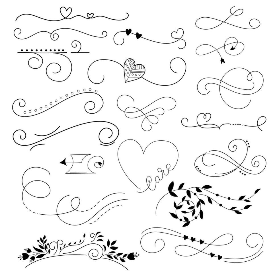 Hand drawn decorative set of line art elements. Boho arrows, heart, elegant text dividers, flourish with leaves. vector