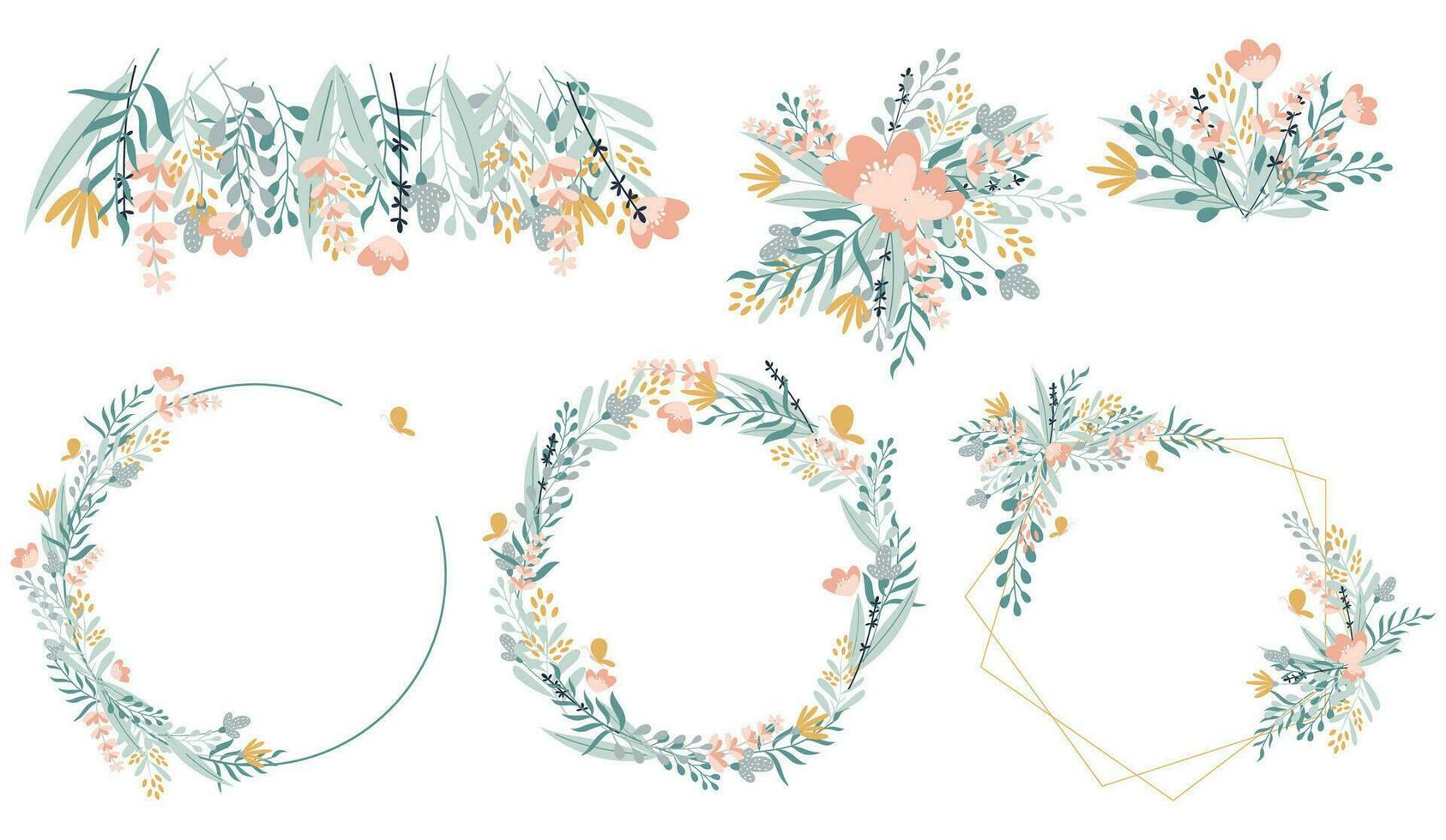 Hand drawn flower arrangement set. Delicate wreath, flower composition, bouquet and banner in soft colors. vector