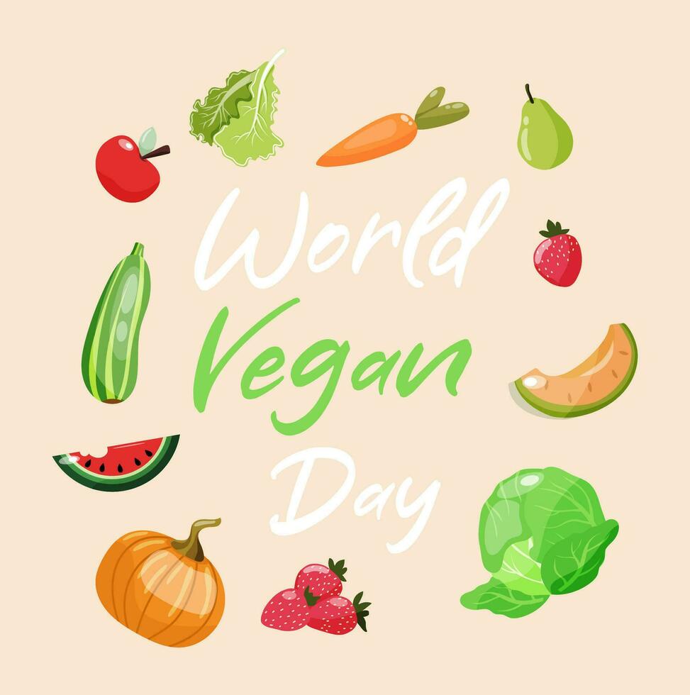 mundo vegano día póster en beige antecedentes. vistoso mano dibujado frutas y vegetales vector diseño.