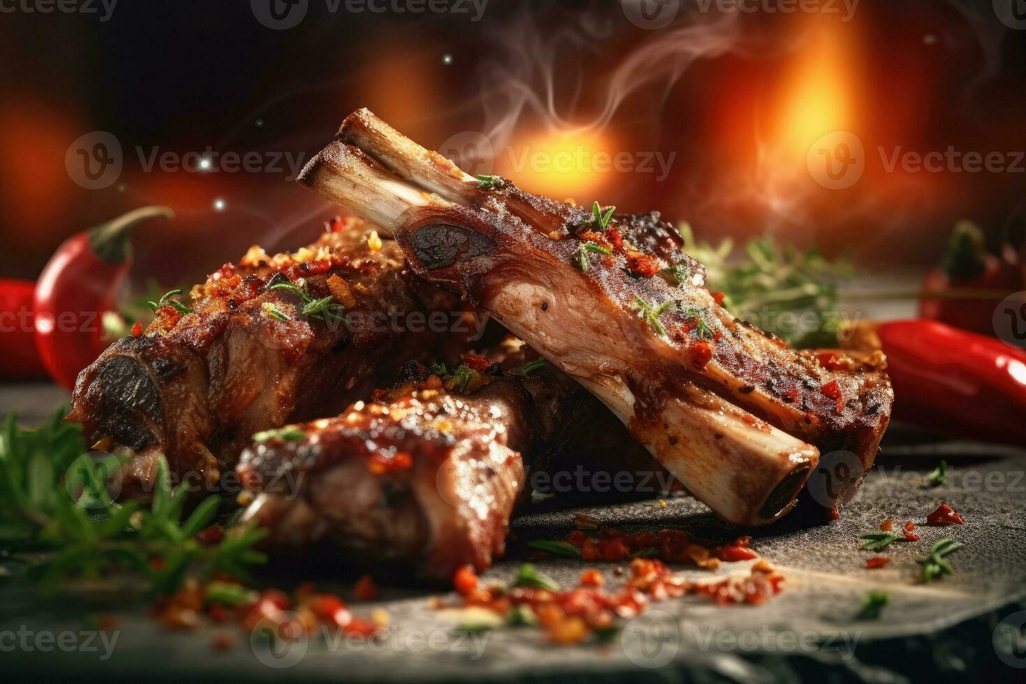 A stack of Lamb Ribs meat with smoke and pepper on the side ready to eat photo