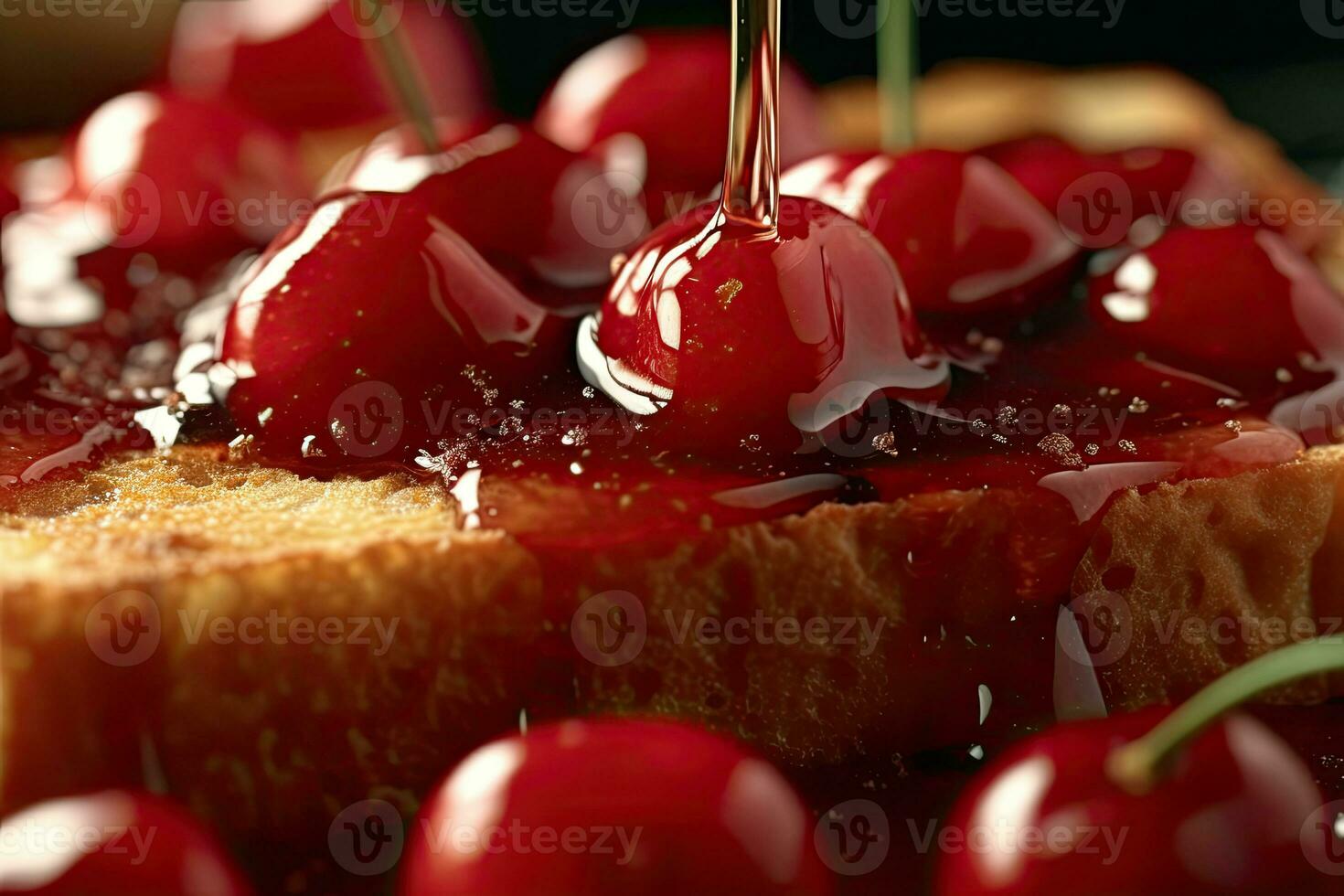 cherry toast, macro shot of a fresh breakfast with Dripping Honey, AI Generated photo