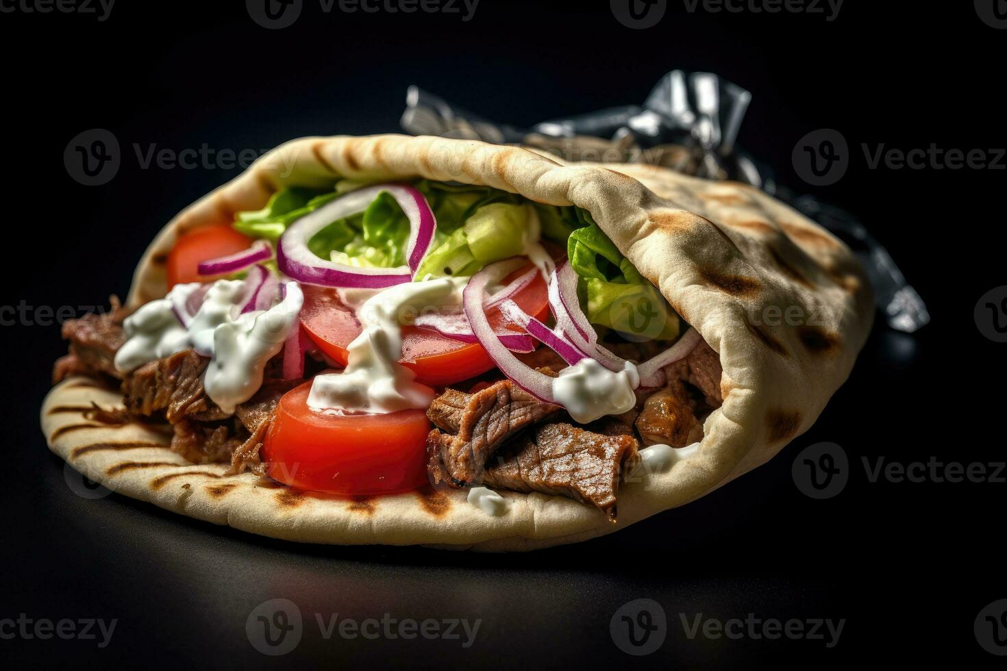 A shawarma with meat and vegetables on it photo