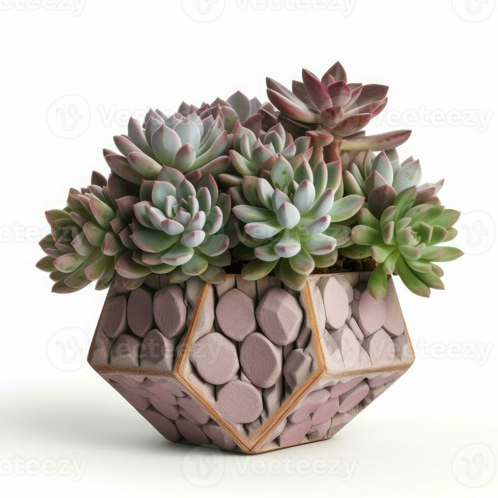 Graptoveria in a terracotta hexagonal pot with a speckled pattern in shades of purple AI Generated photo