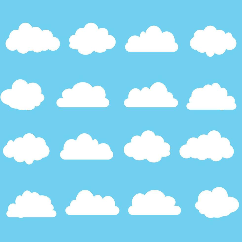 Set of Different shape cartoon white clouds on blue background. Vector decoration element