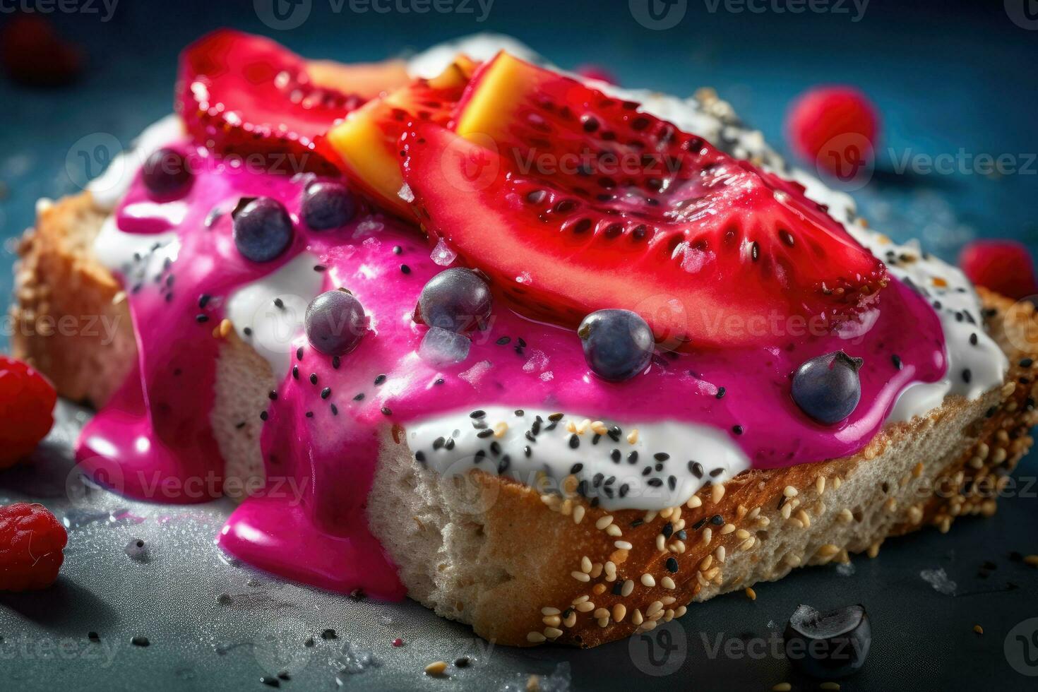 Dragonfruit toast, macro shot of a fresh breakfast with Dripping Honey, AI Generated photo