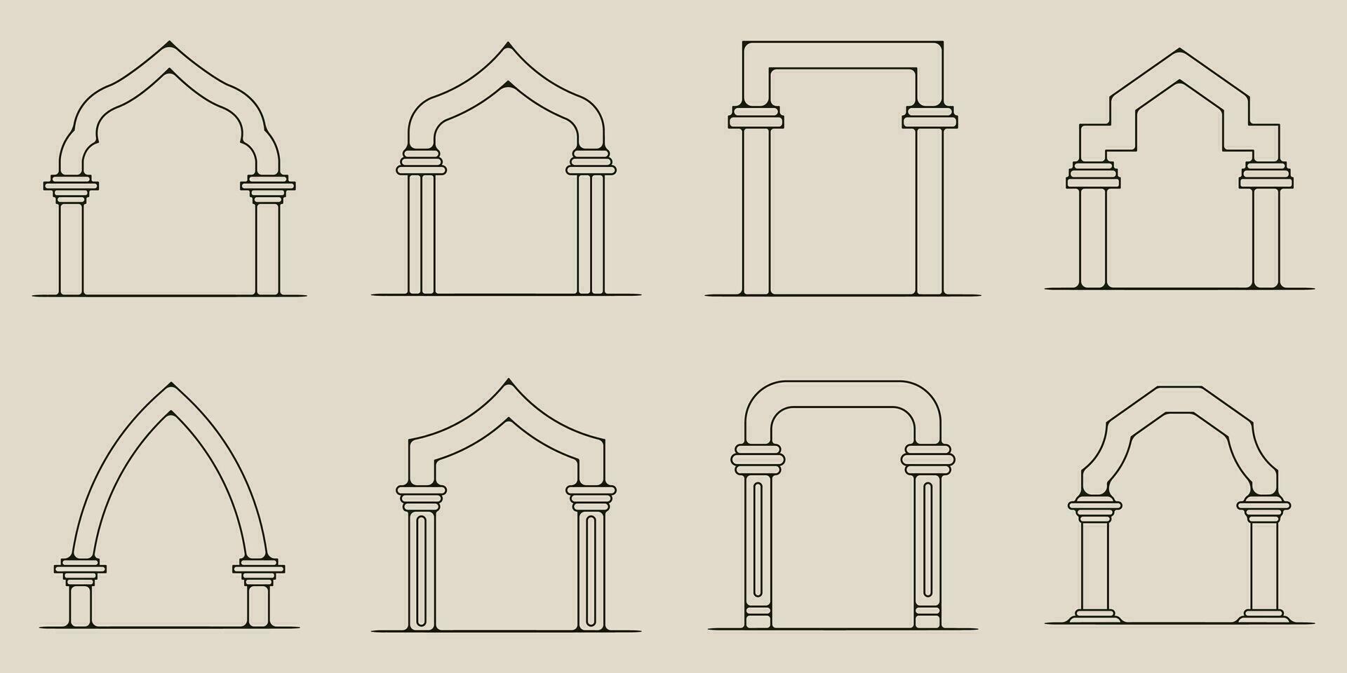 conjunto de haz arquitectónico tipo arcos con línea Arte estilo logo vector icono y símbolo modelo ilustración diseño.