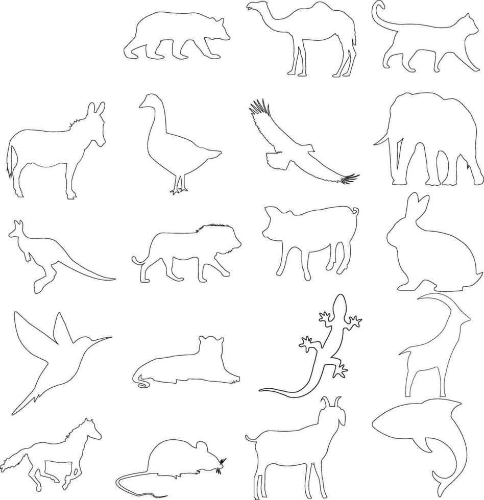 set line of animal silhouettes. Different Poses. Zoo, Wildlife, Sea Life, Micro World. Almost Each Kind of Fauna vector