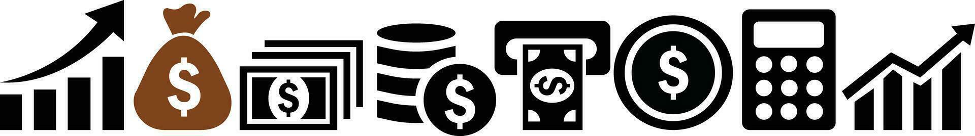Set of Finance icons. Business Icons, money signs. Money silhouette. Coins silhouette icon. Growth chart. Moneybag or stash. Calculator sign. Piggy bank flat style. coins stack and dollar symbols vector