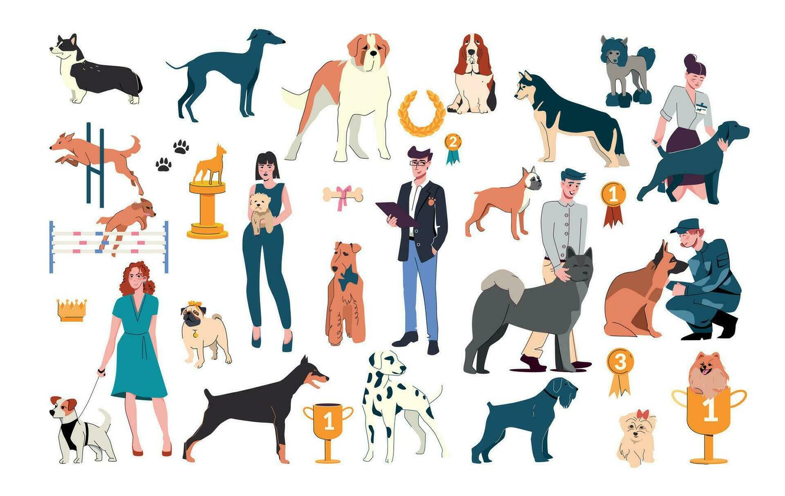 perro espectáculo plano icono conjunto vector