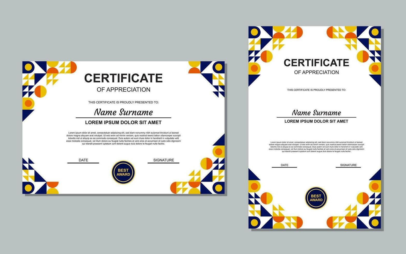 certificate template design in blue and orange colors for appreciation. modern style certificate design. vector