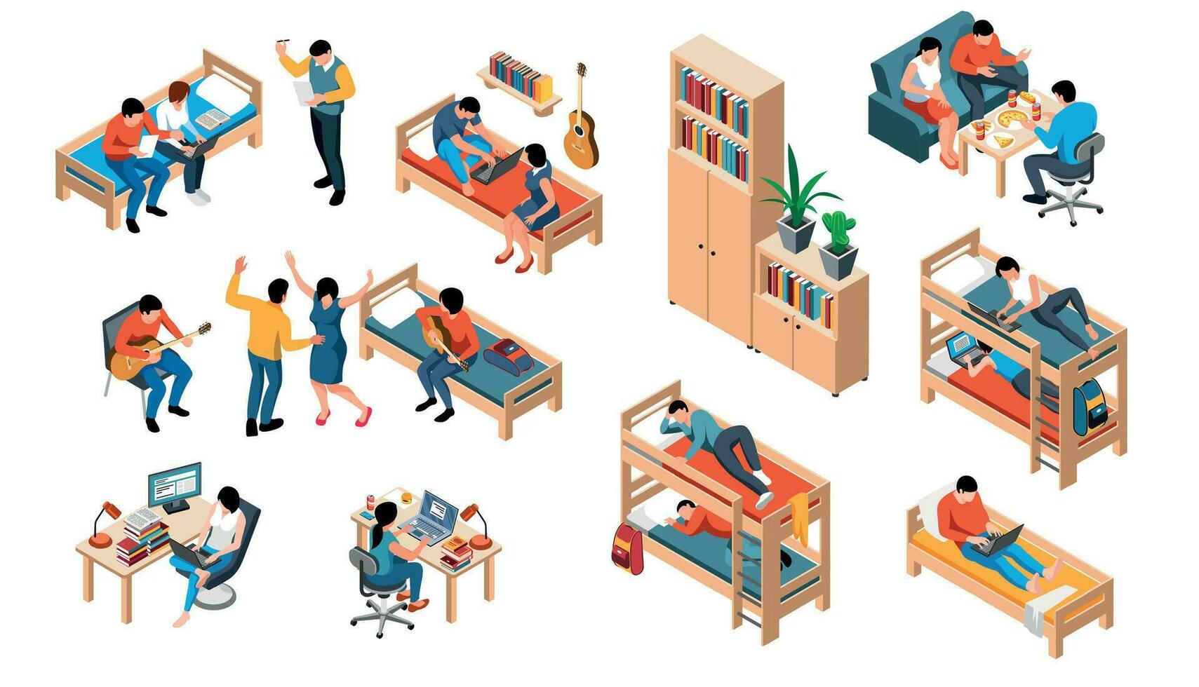 estudiante dormitorio isométrica conjunto vector