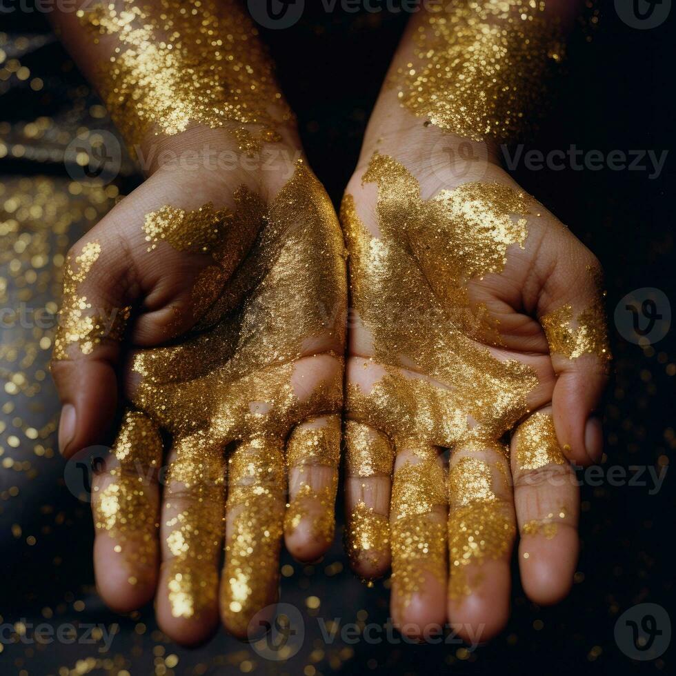 Hands dipped in gold glitter, drenched in gold gitter, AI Generated photo