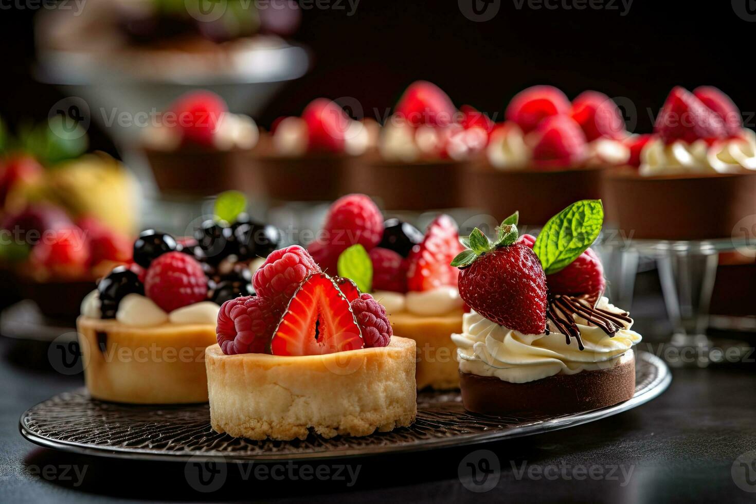 Desserts including chocolate, raspberries, Generative AI photo