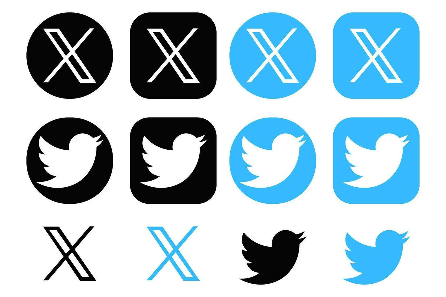 Twitter X new logo vcetor. X New Twitter icon. Set of Twitter new and old round and square logo. Twitter rebrand little bird to X letter symbol. Elon Musk change social media logo Novation. vector