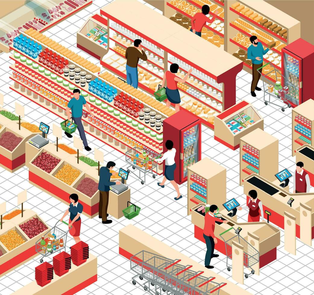 supermercado comercio salón isométrica ilustración vector