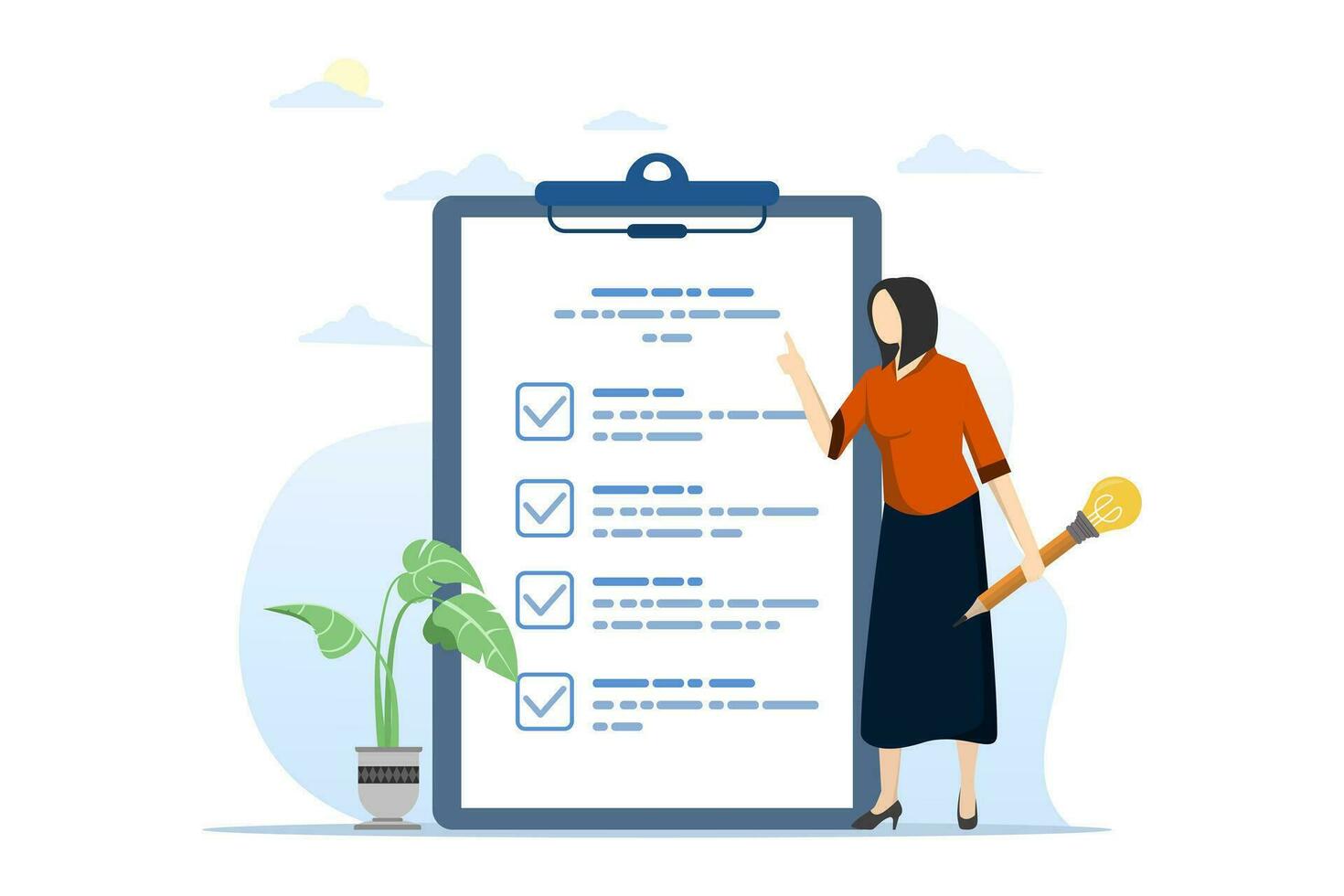 survey or feedback opinion concept, completion checklist or questionnaire form, evaluation review or assessment, checkbox clipboard, businesswoman completing survey with light bulb pencil. vector