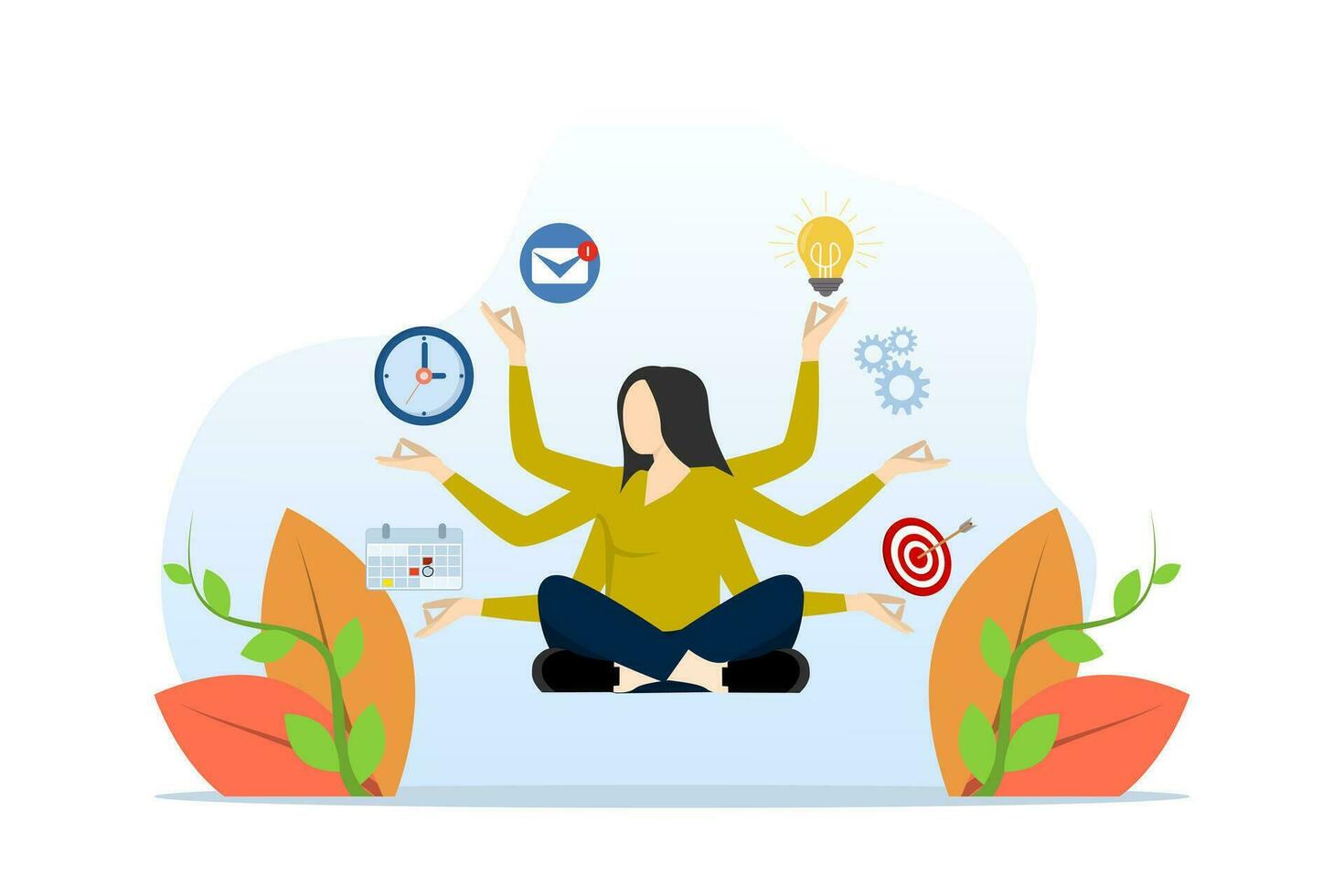 concept of multitasking or project management, task or work efficiency, productivity or time management, balancing work responsibilities, productive woman with many hands handling multitasking work. vector