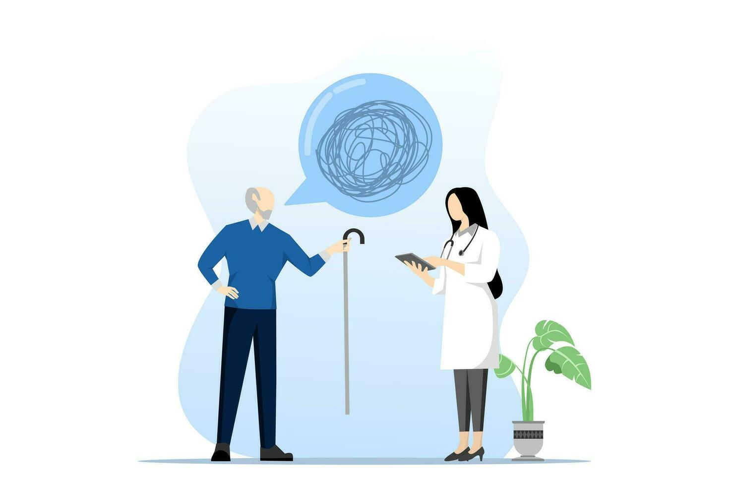 Doctor and patient. Brain disease concept. Male and female medical conversation with senior. Speech bubble with tangled thread confusion symbol. Design for healthcare. vector flat people illustration.