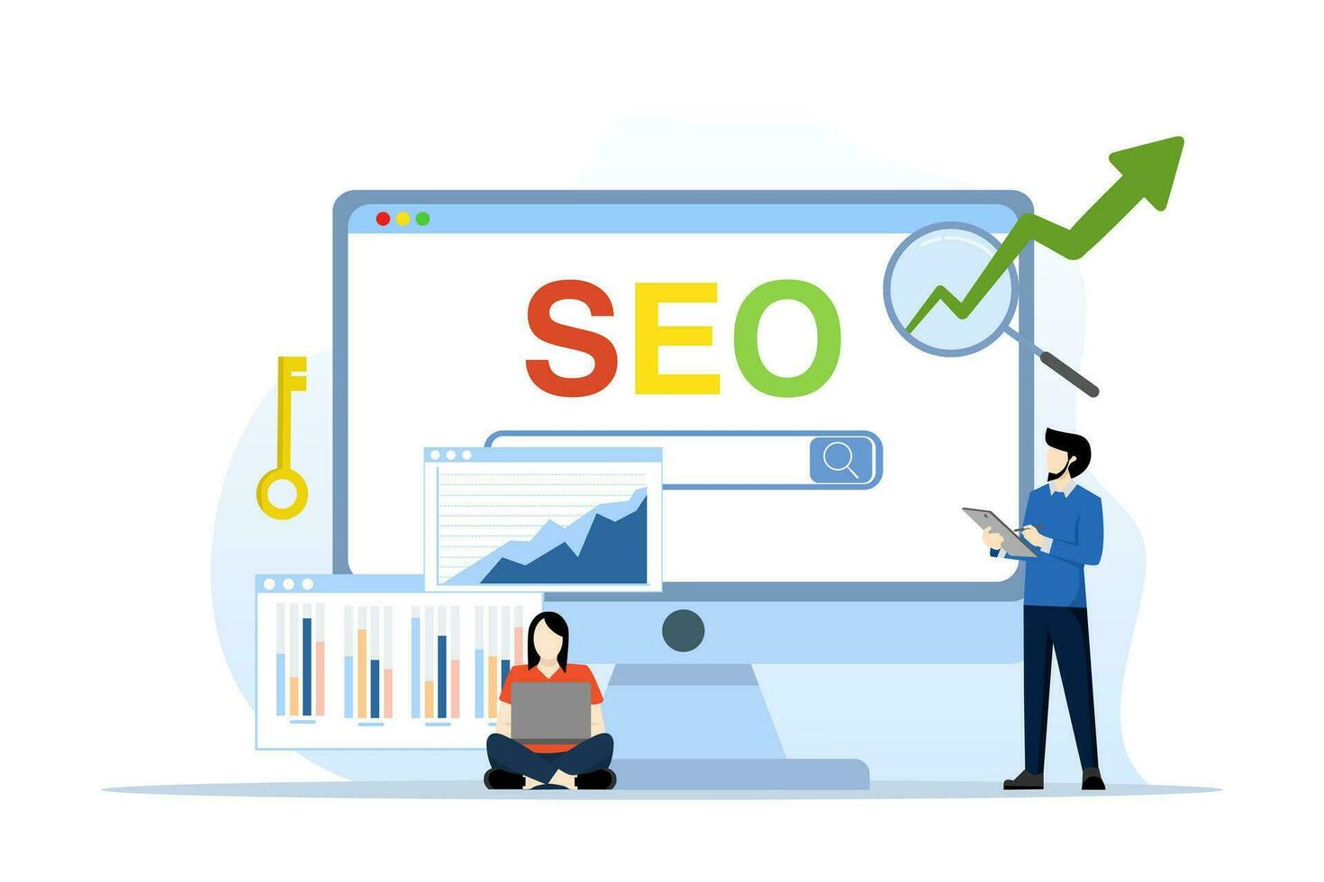 seo o buscar motor mejoramiento concepto, sitio web buscar resultados, publicidad o márketing a mejorar web clasificación o usuario descubrimiento concepto, equipo análisis a optimizar SEO plano vector ilustración.