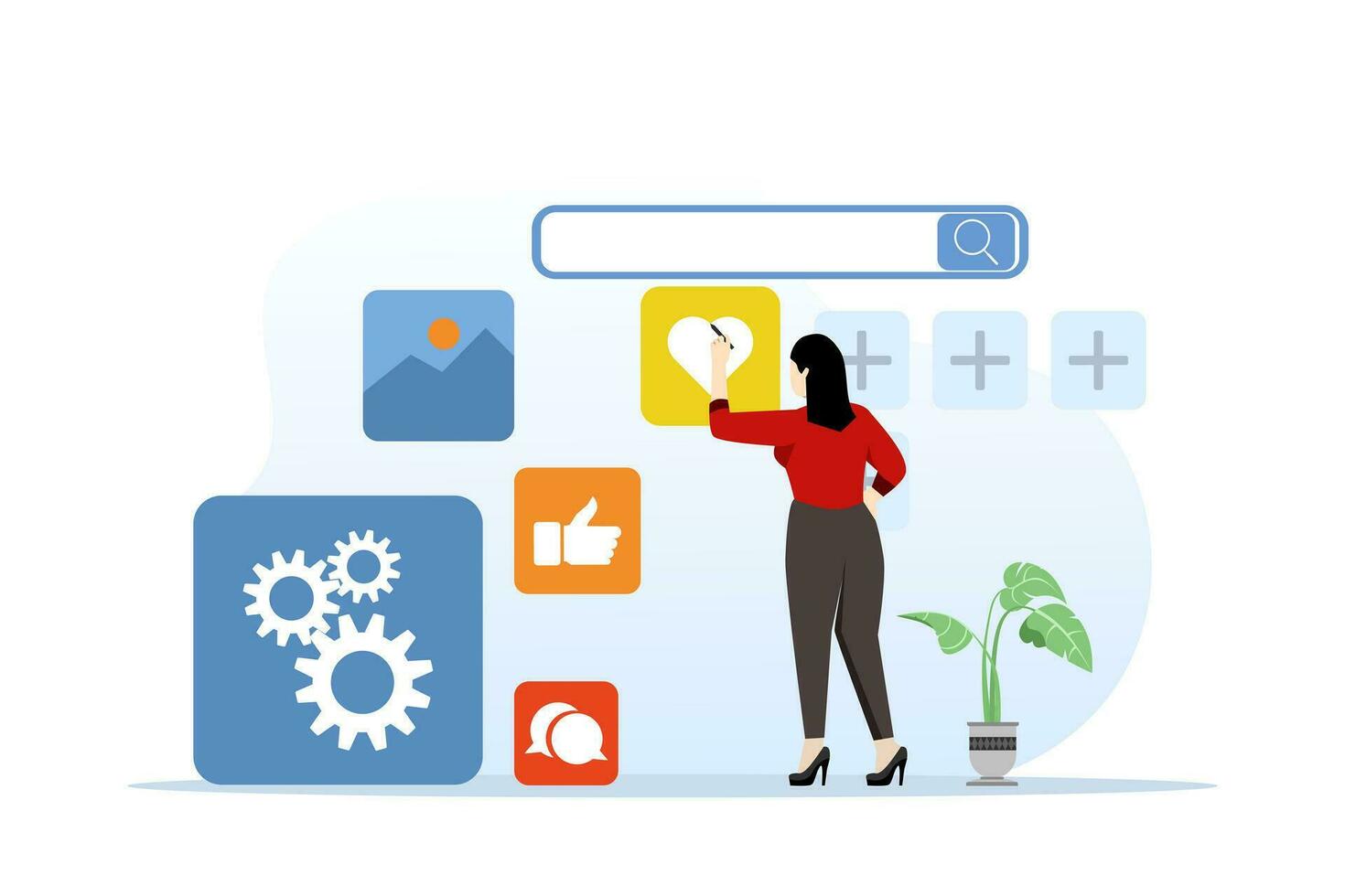 woman designer concept make interface with pencil abstract design illustration. girl creative artist making app or site outline design. conceptual search for creative design ideas. vector