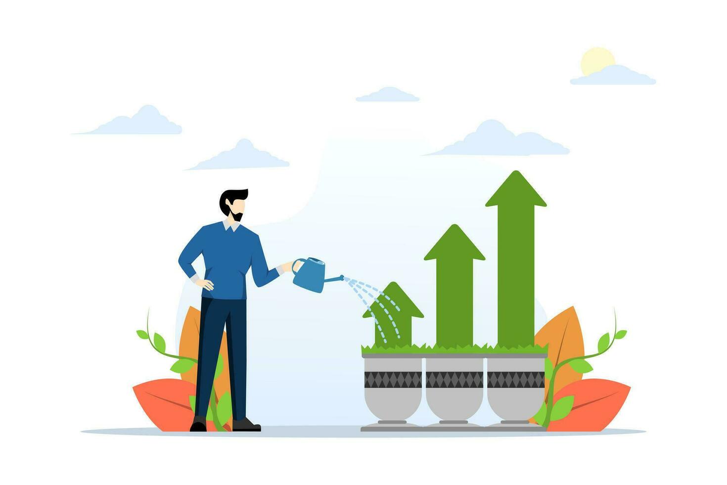 business growth concept, growth or increase income income, personal development, growth mindset or investment profit, prosperity, businessman watering seedling plants with growing green growth arrows. vector