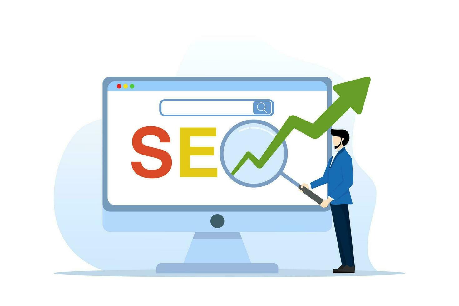 SEO or Search Engine Optimization concept, website search results, advertising or marketing to improve web ranking or user discovery concept, team analysis to optimize SEO. flat vector illustration.